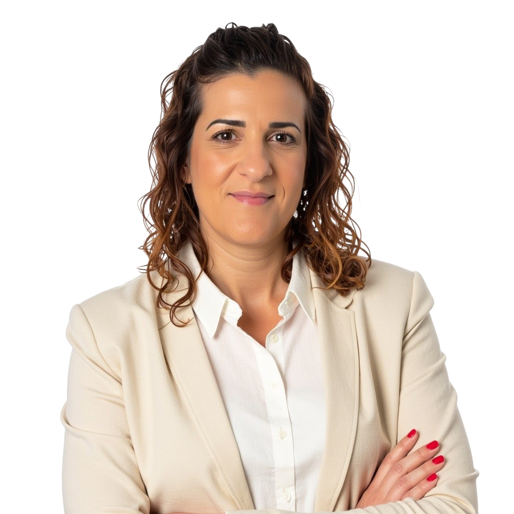 Inbal wearing a white button-down shirt with a beige background.